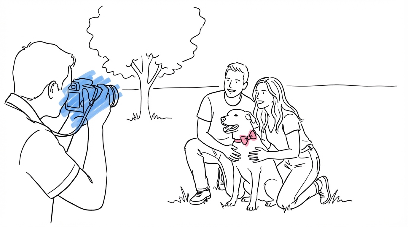 Par som fotograferas utomhus med sin hund som bär en rosett