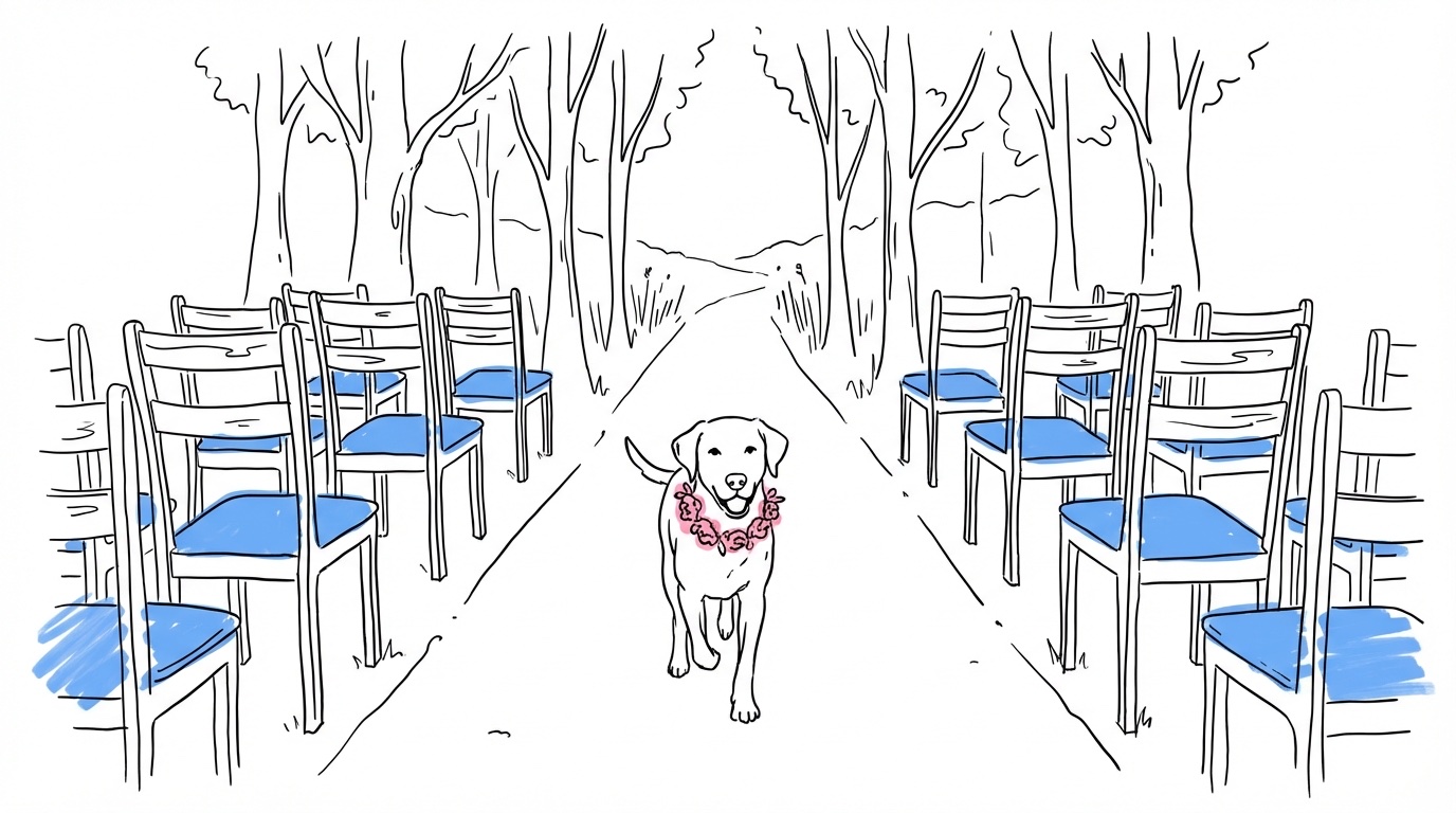 Hund som går nedför en utomhusgång mellan stolsrader i en trädgård