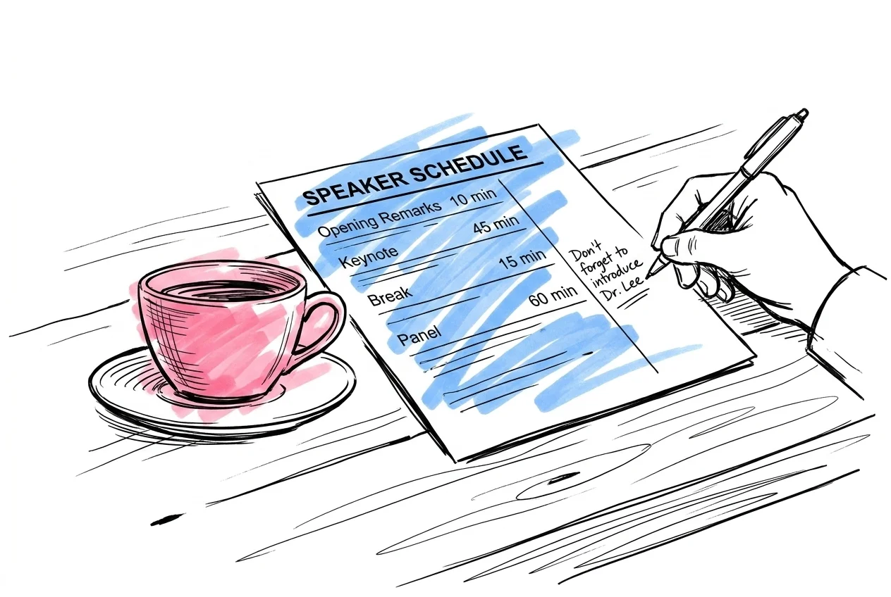 Ett utskrivet schemablad på ett bord listar talartyper med minutgränser bredvid och en hand antecknar i marginalen