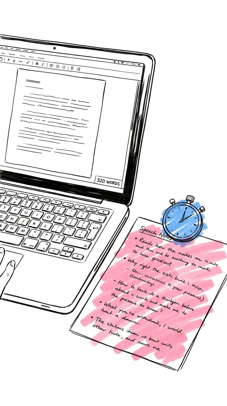 Närbild på en laptopskärm som visar ett tal-utkast med ord-räknare i hörnet, handskrivna talanteckningar och en liten stoppur bredvid