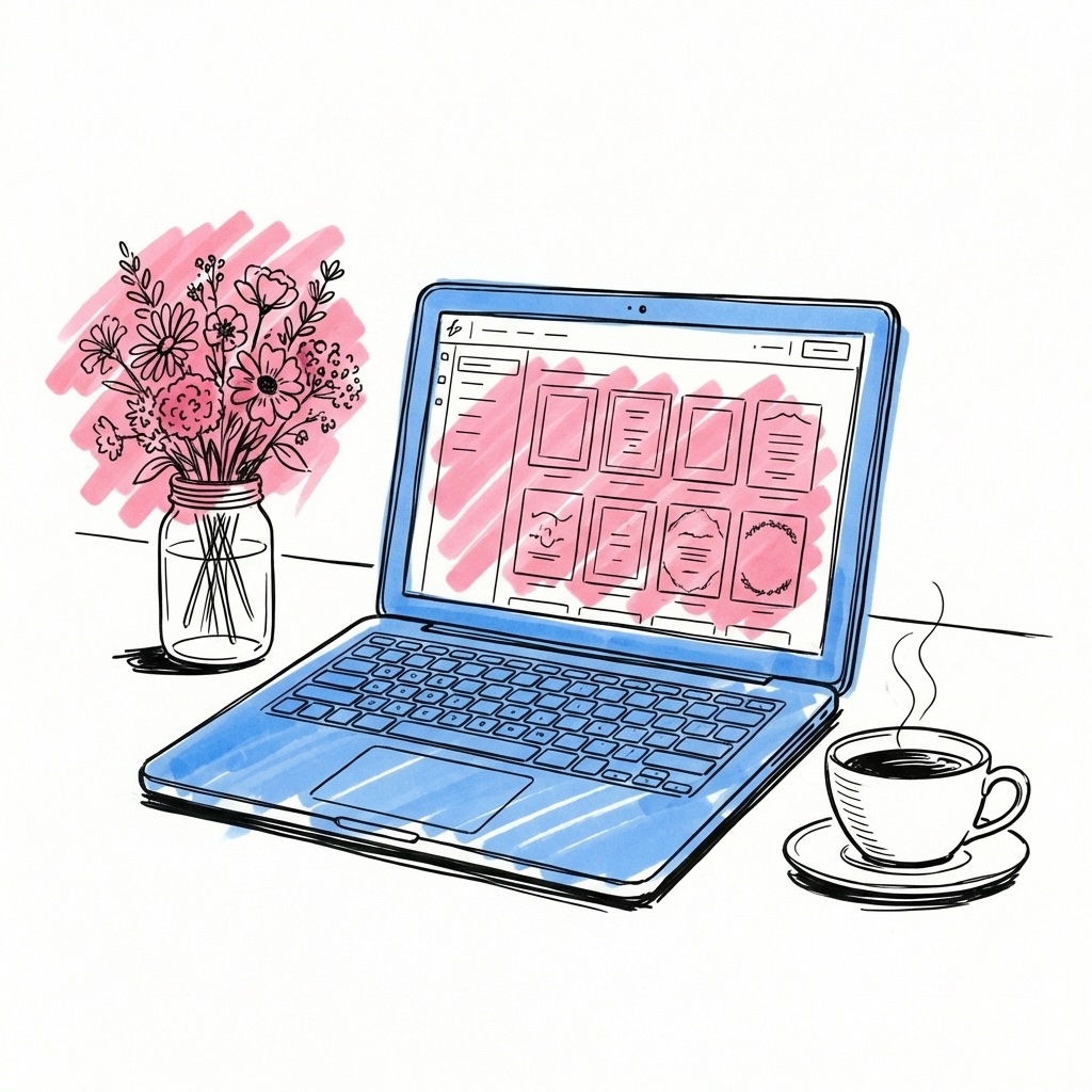 Laptop med Lovios Invite Studio — mallkort synliga på skärmen bredvid en kaffekopp och en liten bukett