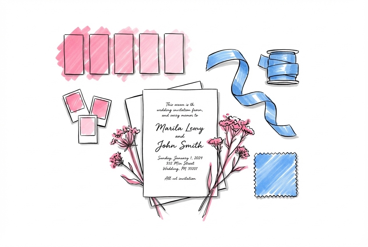 Flat lay med färgprover, bandprov och målarfärgschips bredvid ett utkast till bröllopsinbjudan — mood board-känsla