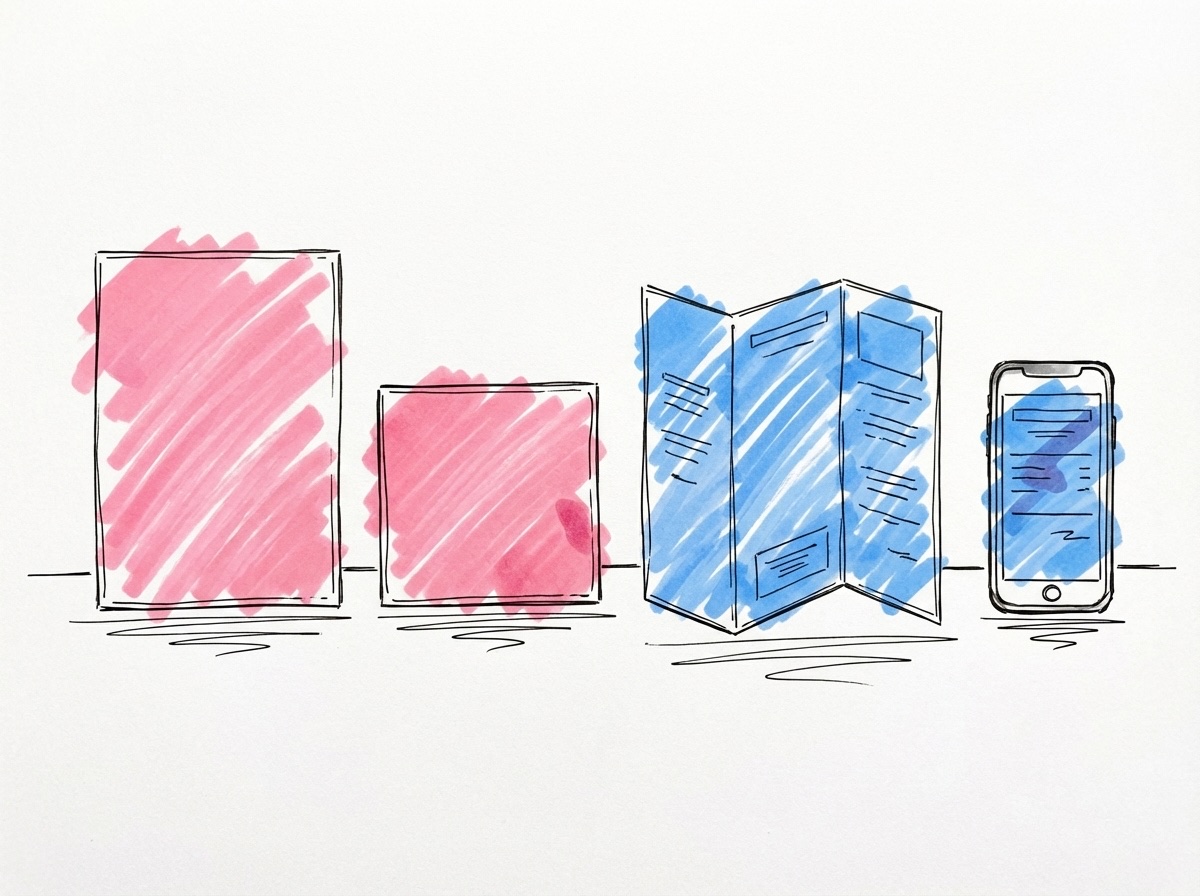 Fyra inbjudningsformat sida vid sida: A5, kvadratiskt kort, trifold-broschyr och smartphone med digital inbjudan