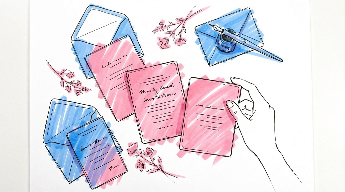 Skrivbord med utspridda bröllopsinbjudningar, kuvert, kalligrafipenna och blomkvistar — inspiration för inbjudningsdesign