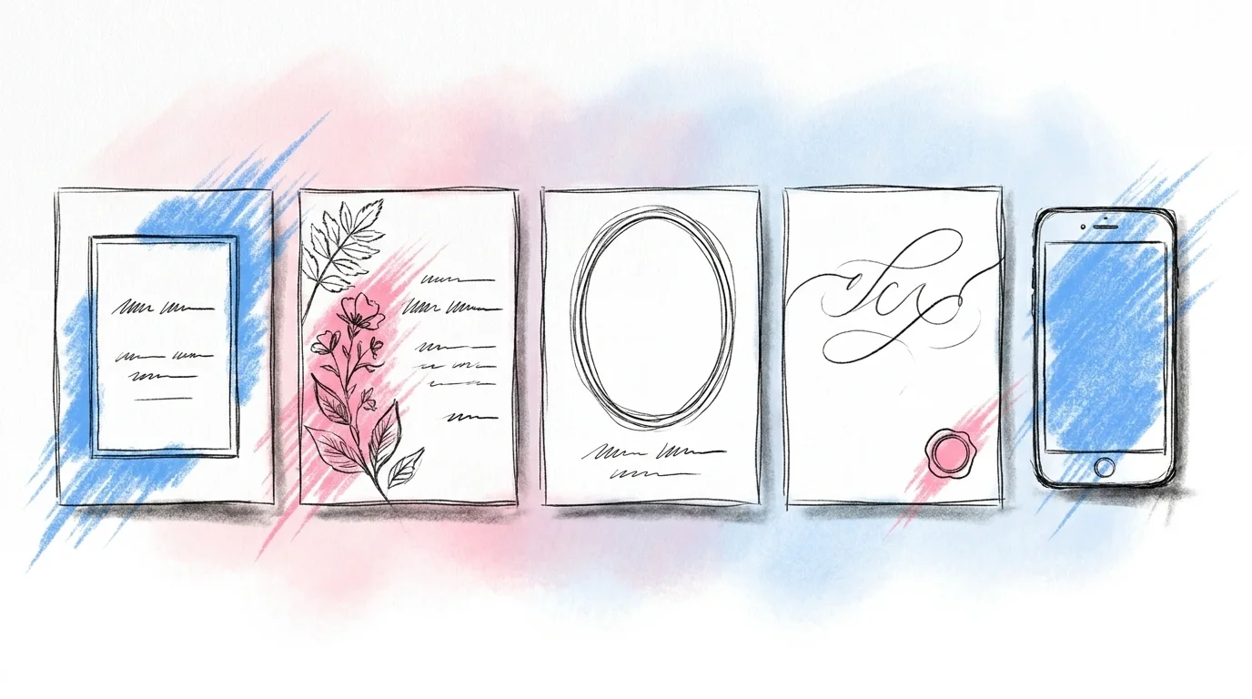 Jämförelse av fem stilar för bröllopsinbjudan: minimalistisk, botanisk, foto-first, kalligrafi och digital