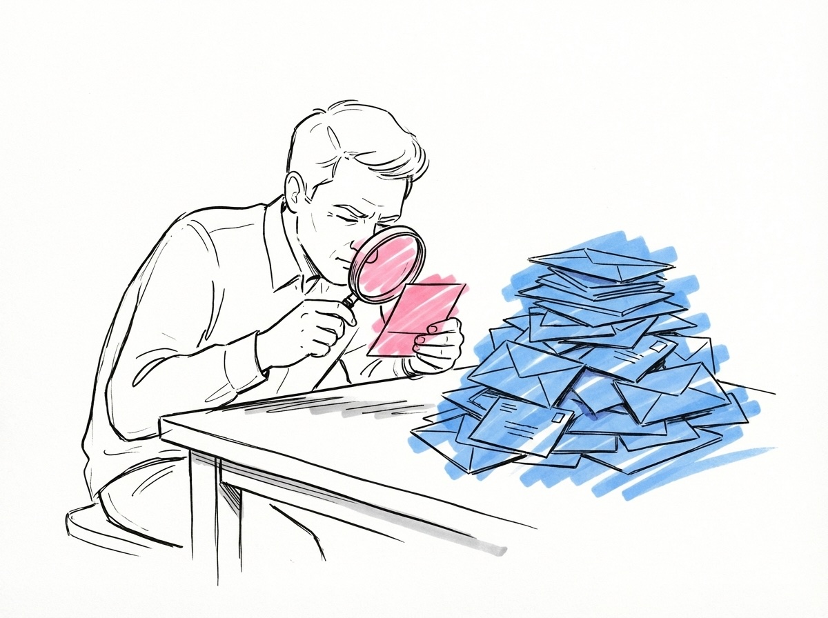 Person som kisar mot en liten inbjudan med förstoringsglas och felsorterade kuvert på bordet — vanliga designmisstag