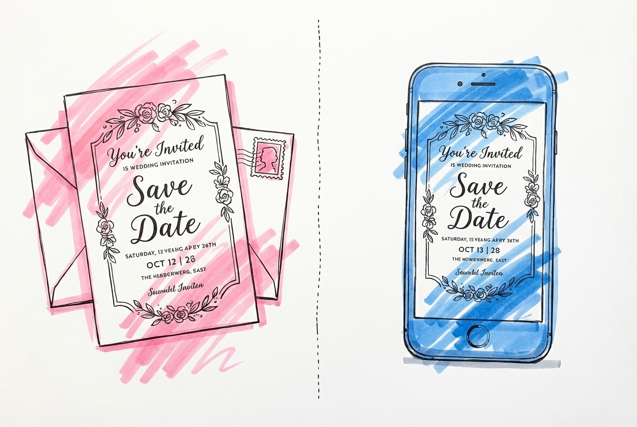 Delad scen: tryckt inbjudan med kuvert och frimärke till vänster, telefon med digital inbjudan till höger