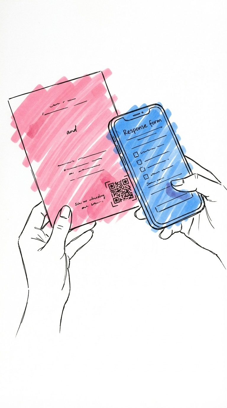 Hand som håller bröllopsinbjudan med QR-kod i hörnet, andra handen skannar med telefon som visar ett OSA-formulär