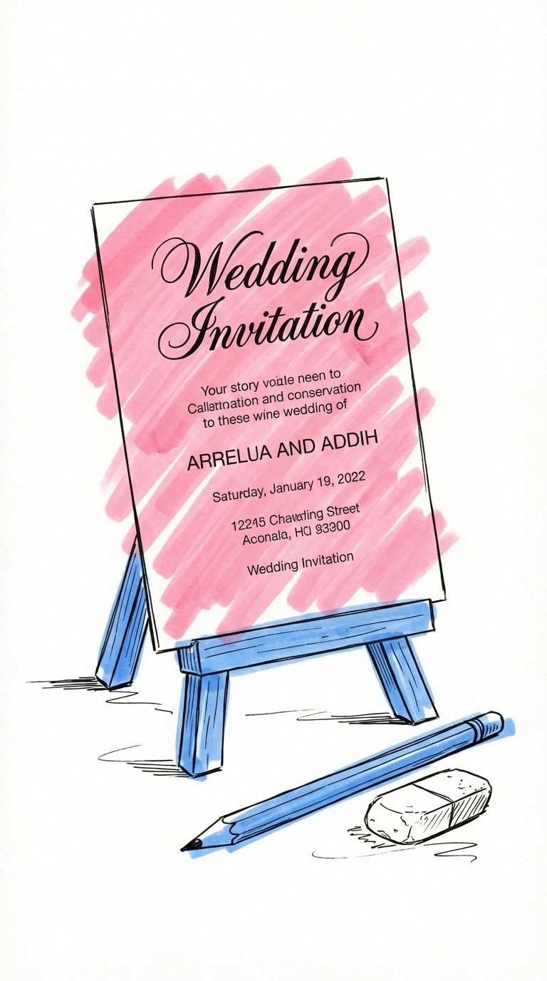 Bröllopsinbjudan ståendes mot ett staffli med två tydliga typsnittstilar — elegant rubrik och ren brödtext