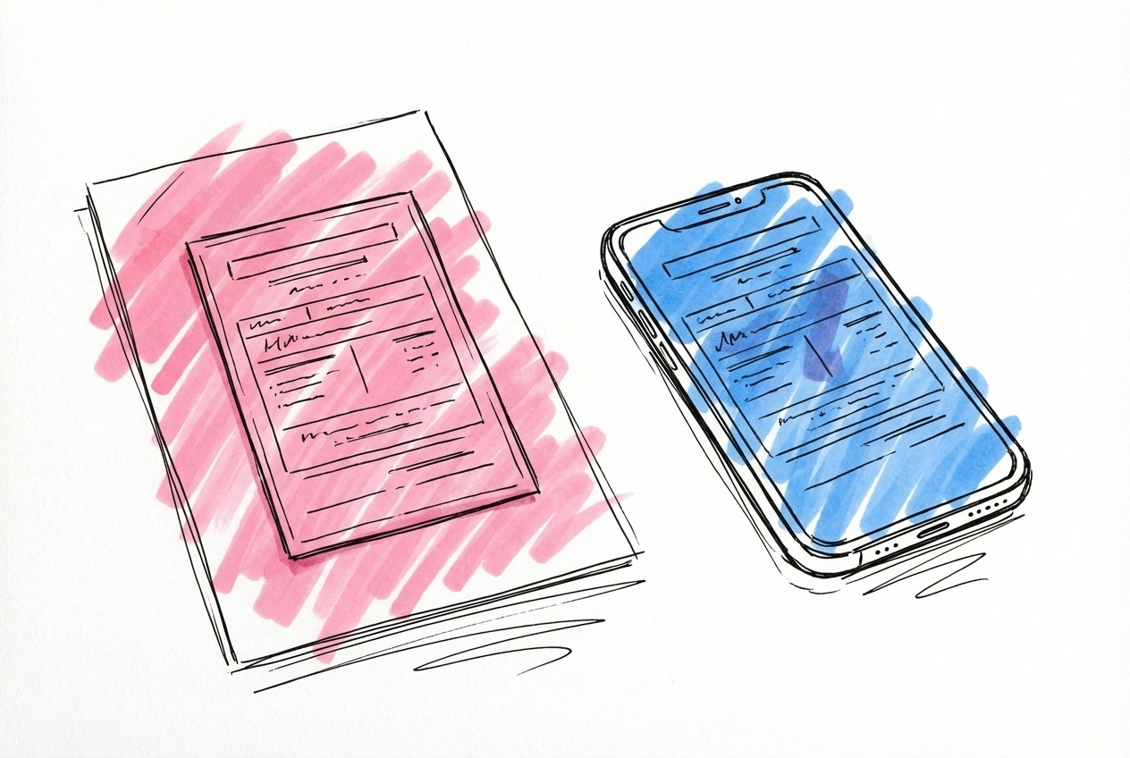 Tryckt kort på texturerat papper bredvid en telefon som visar samma information digitalt i Lovios stil