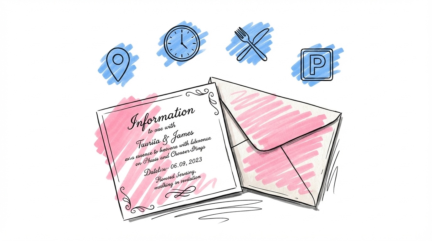 Informationskort bredvid bröllopsinbjudan med små ikoner för karta, klocka, bestick och parkering i Lovios rosa och blå illustrationsstil