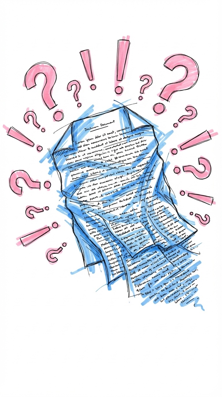 Ihopskrynklat överlastat dokument med text som rinner över kanterna, omgivet av frågetecken i Lovios stil