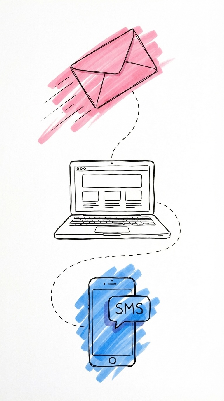 Vertikal tidslinje med kuvert, laptop och telefon som visar tre skicksteg i Lovios rosa och blå stil