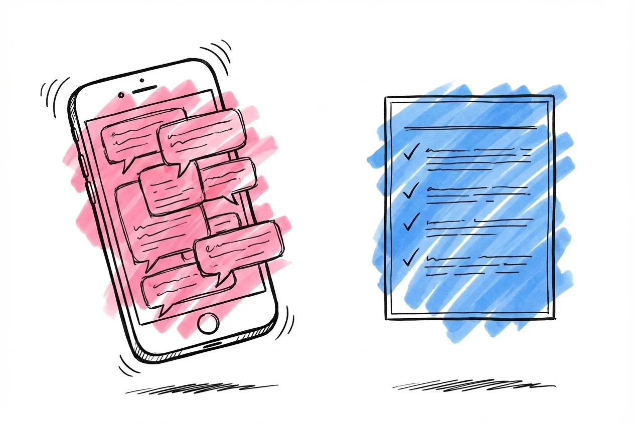 Telefon med meddelandenotiser bredvid ett lugnt organiserat informationskort med bockmarkeringar i Lovios rosa och blå stil