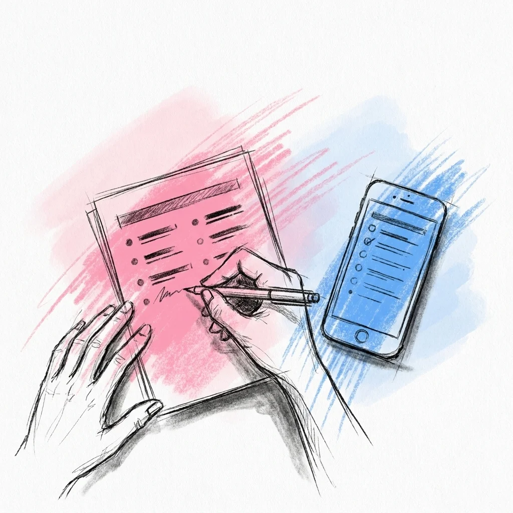 Ett utskrivet mallark för alternativ till tal fylls i för hand bredvid en mobil med samma checklista digitalt