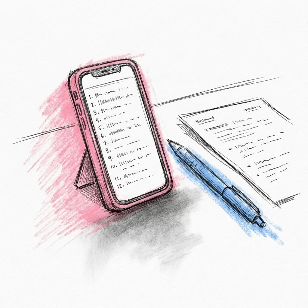 En telefon eller surfplatta öppen på en enkel numrerad lista med korta påståenden, en penna och ett utskrivet papper liggande bredvid, i Lovios rosa och blå illustrationsstil