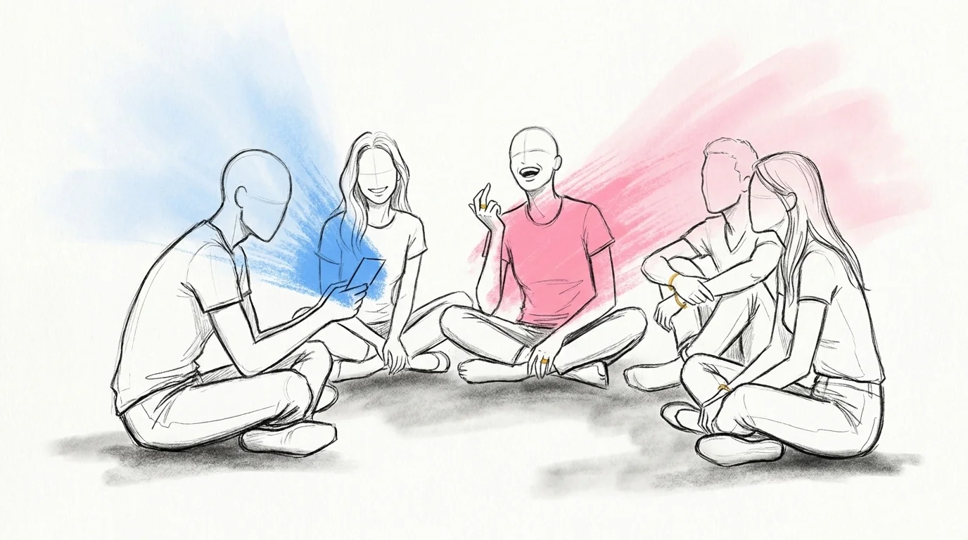 En liten grupp vänner spelar jag har aldrig bröllop i en avslappnad ring på en fest, en person mitt i en mening läser upp ett påstående medan en annan reagerar med ett skratt och fäller ner ett finger, i Lovios rosa och blå illustrationsstil
