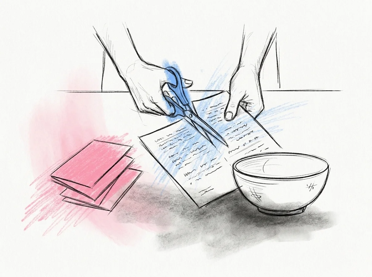 En tabletop-scen med ett printat papper som klipps i mindre kort med en sax, några redan färdiga kort ligger vikta i en liten hög bredvid, i Lovios rosa och blå illustrationsstil