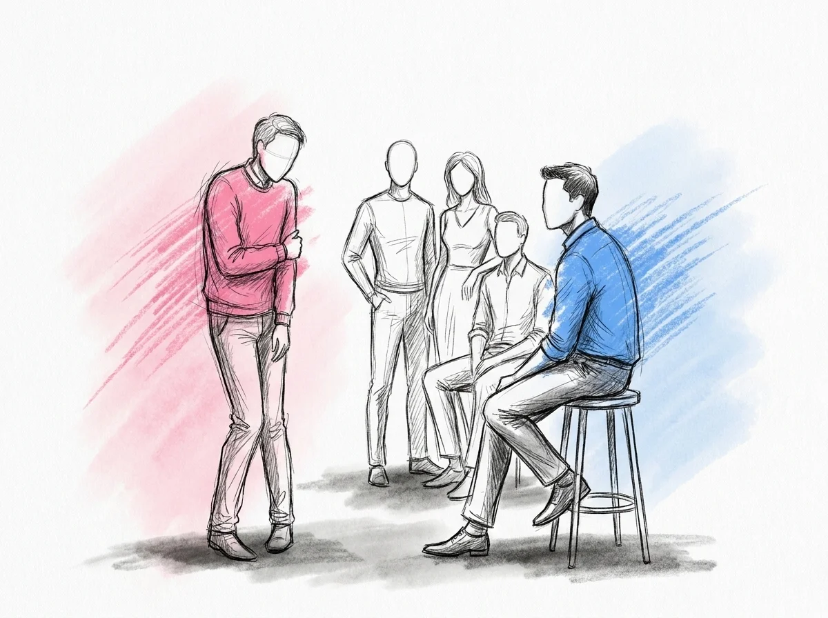 En gäst ser lite tveksam ut medan resten av gruppen väntar förväntansfullt, personen som leder leken tittar över axeln och läser av stämningen innan de bestämmer sig för att fortsätta, i Lovios rosa och blå illustrationsstil