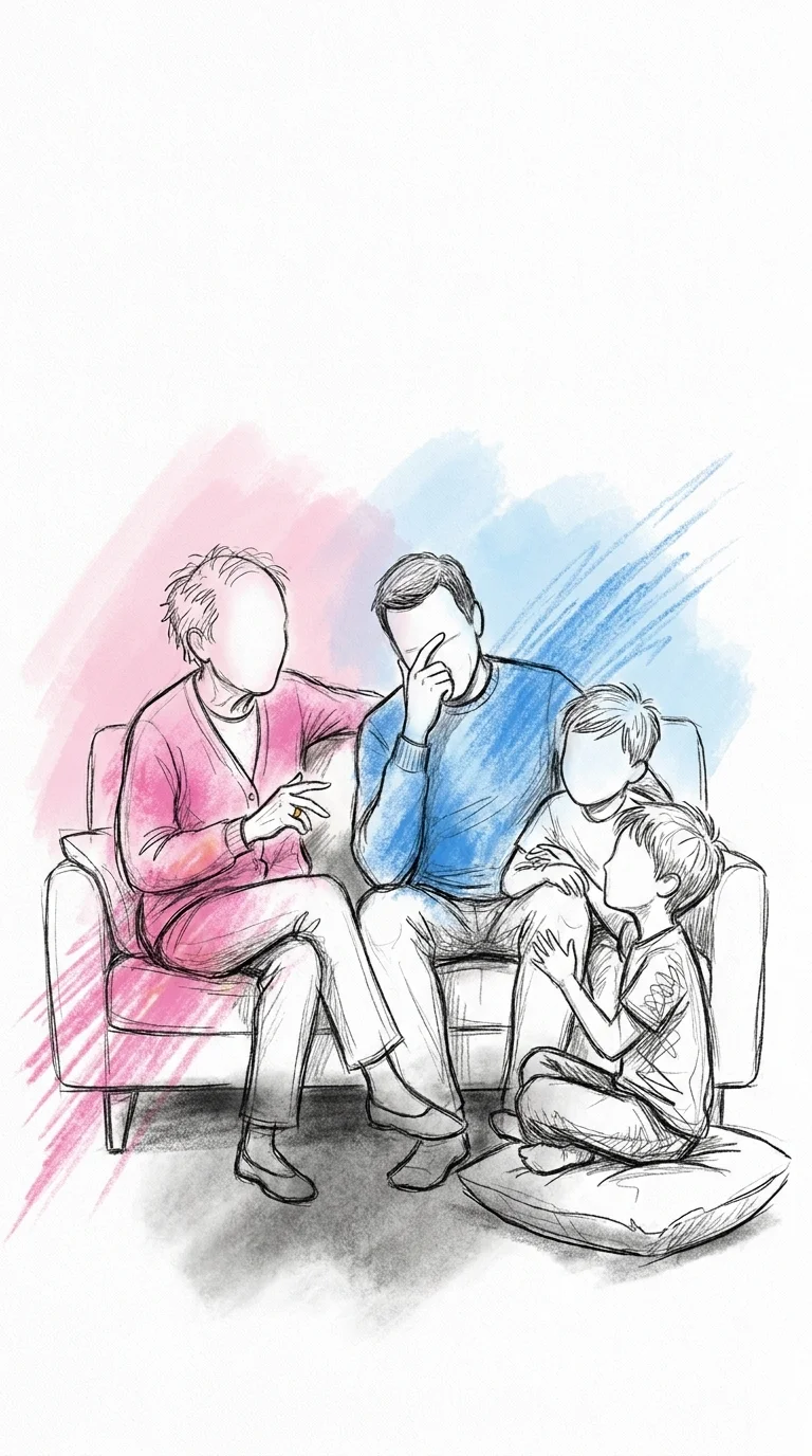En blandad grupp med några äldre släktingar bland yngre vänner sitter tillsammans och skrattar lugnt medan en person generat fäller ner ett finger, i Lovios rosa och blå illustrationsstil