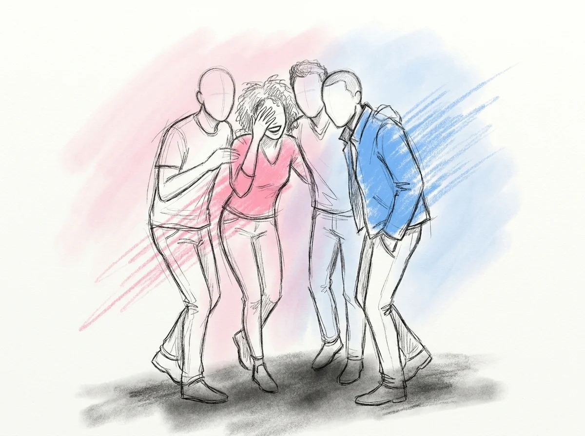 En mindre, tätare grupp vuxna vänner lutar sig nära varandra sent på kvällen, en person skrattar och halvt döljer ansiktet efter ett vågat avslöjande, i Lovios rosa och blå illustrationsstil