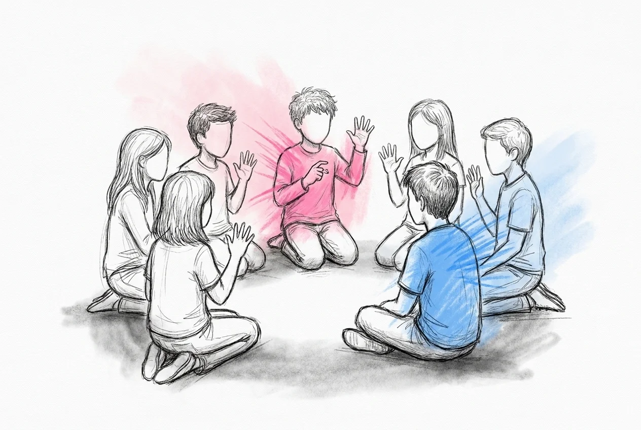En ring av vänner räknar ner fingrar tillsammans, en hand fångad mitt i luften när den fäller ner ett finger medan resten av gruppen tittar uppmärksamt, i Lovios rosa och blå illustrationsstil
