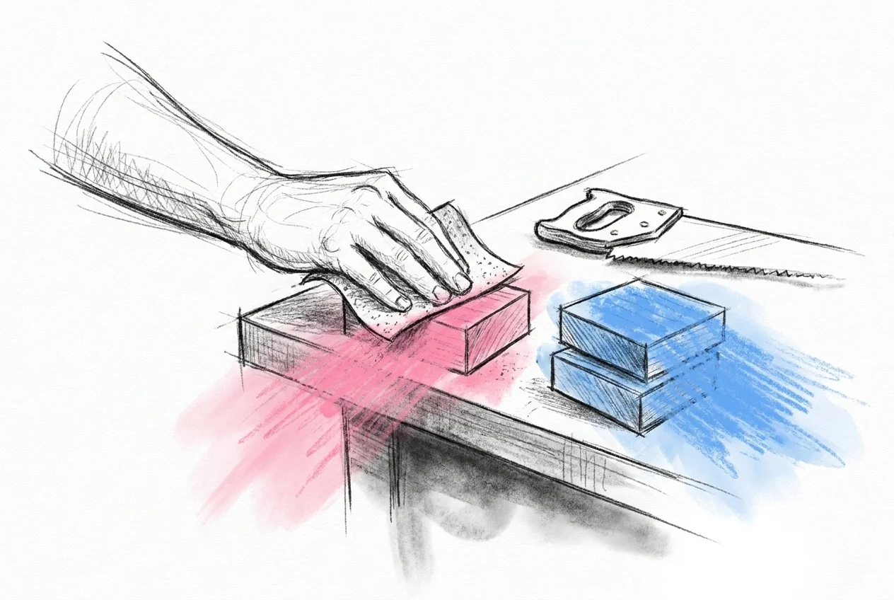 Någon vid en arbetsbänk som slipar hörnet på ett kapat träblock för hand, en liten hög redan kapade block och en handsåg intill