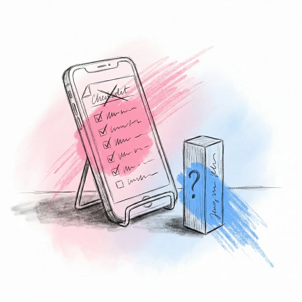 En mobiltelefon uppställd och visande ett dokument-liknande checklista under redigering, ett Jenga-block med en fråga skriven på sig liggande bredvid