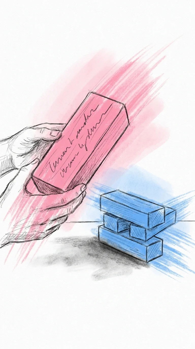 Ett jätte-Jenga-block hållet i två händer med en handskriven fråga i kritpenna, ytterligare skrivna block staplade löst bredvid