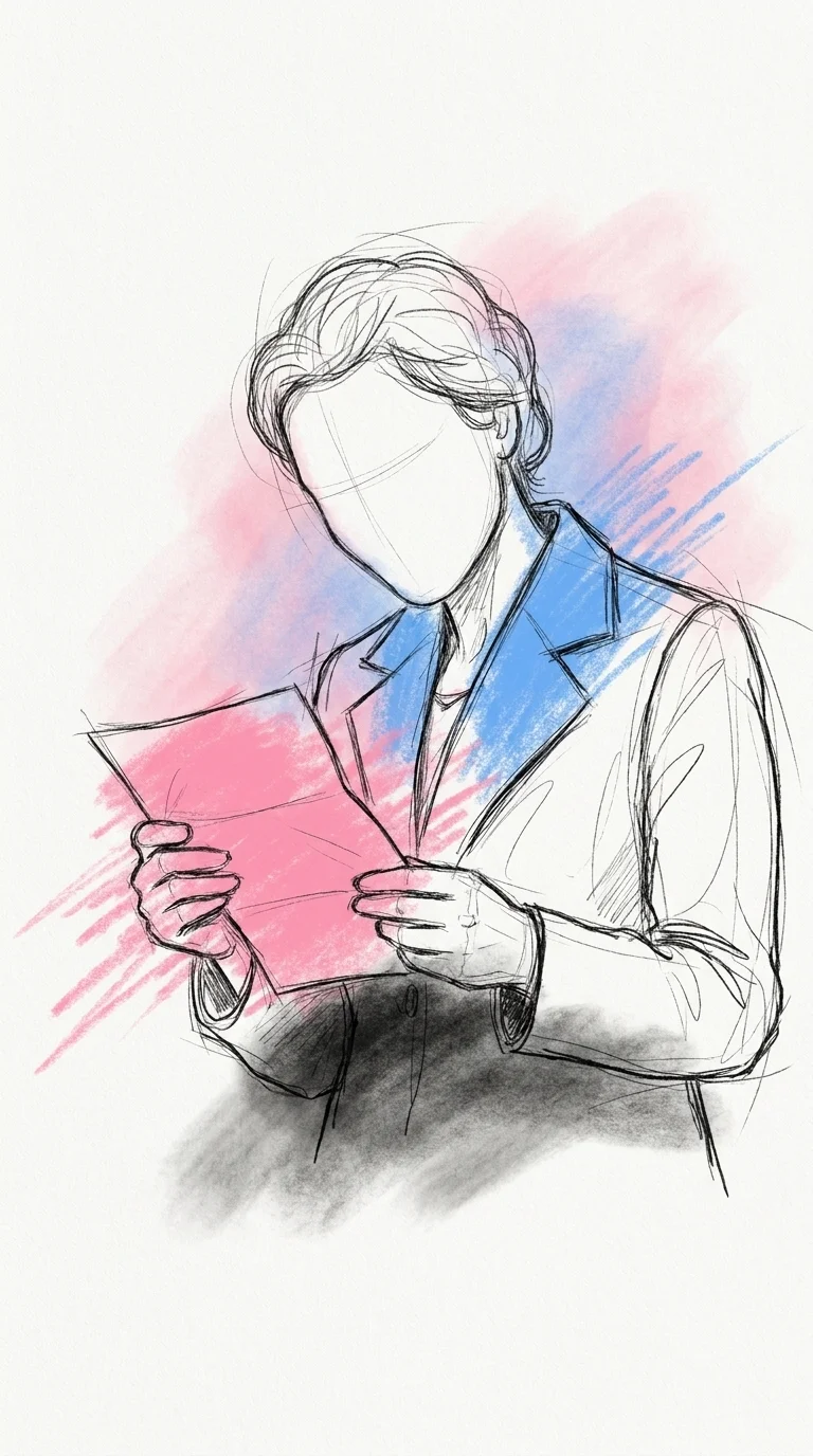 En närbild på någon som håller ett vikt handskrivet brev och läser det med ett varmt, uppriktigt uttryck, som mitt i en mening inför en osedd publik
