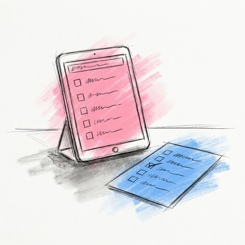 En surfplatta eller telefon som visar ett delat checklisteliknande dokument under redigering, med en utskriven kopia av samma lista liggande bredvid