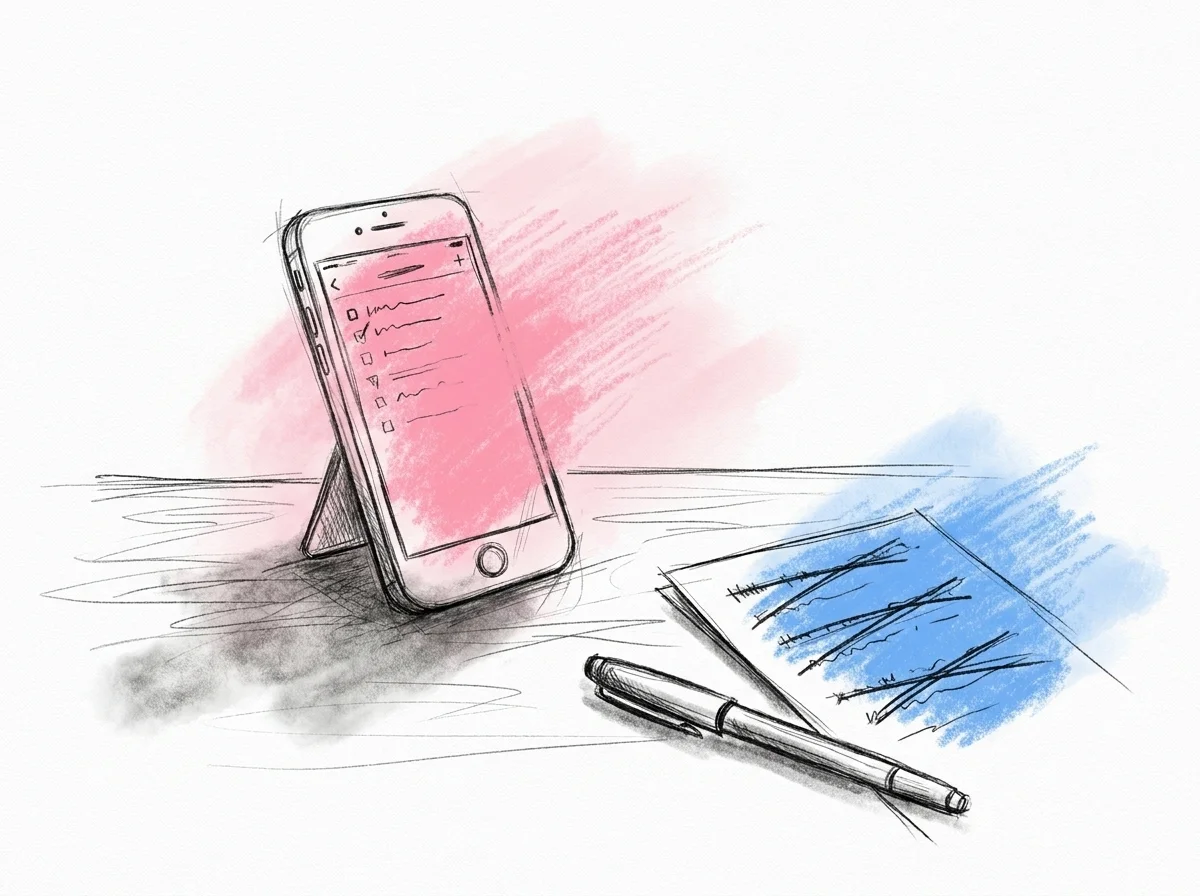 En telefon uppställd och visande ett enkelt dokument med en lista på skärmen, en penna och ett utskrivet papper med några överstrukna rader liggande bredvid