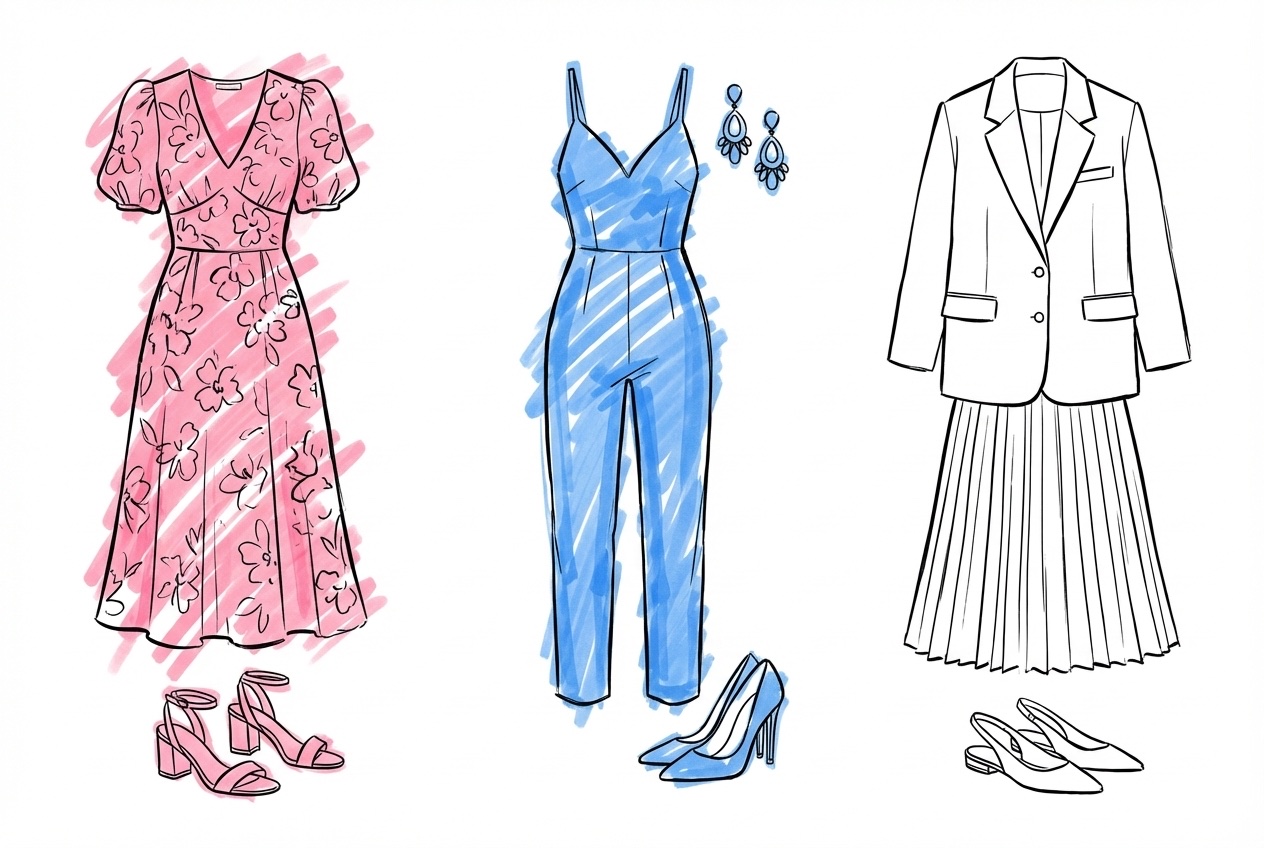 Tre damoutfits för klädkod kavaj — klänning, byxdress och kjol med blazer