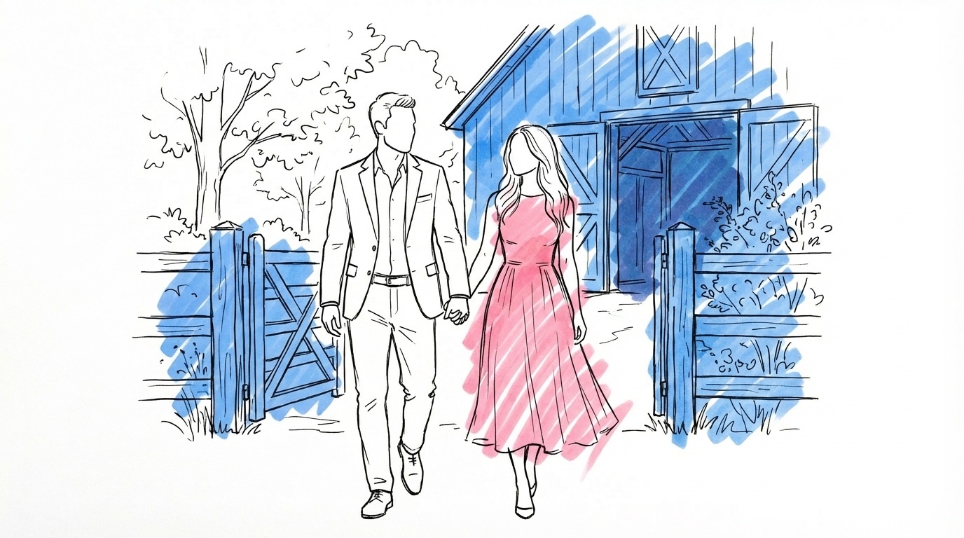 Klädkod kavaj bröllop — ett par anländer till ett sommarbröllop utomhus