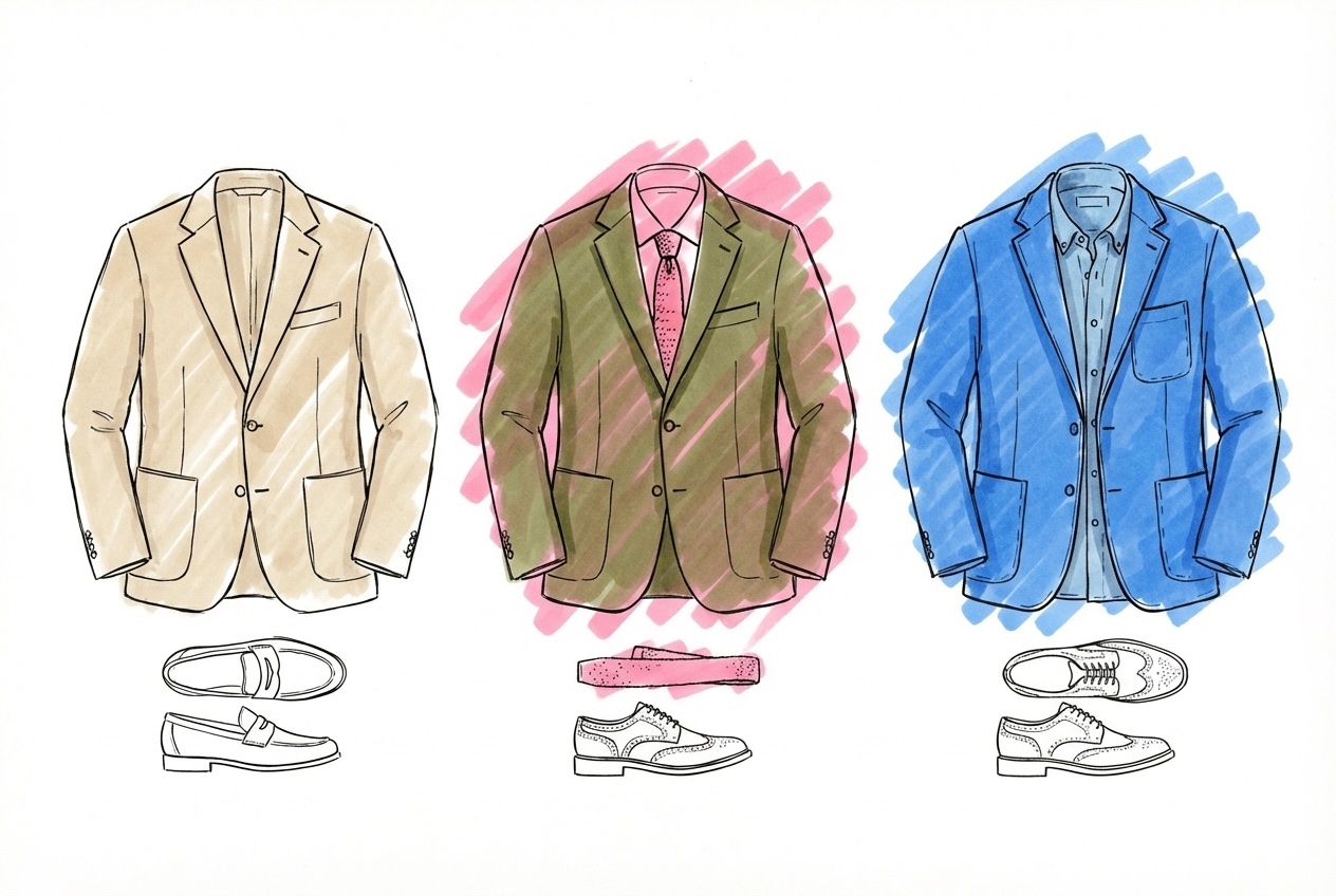 Tre herroutfits för klädkod kavaj — linne, ull och bomull