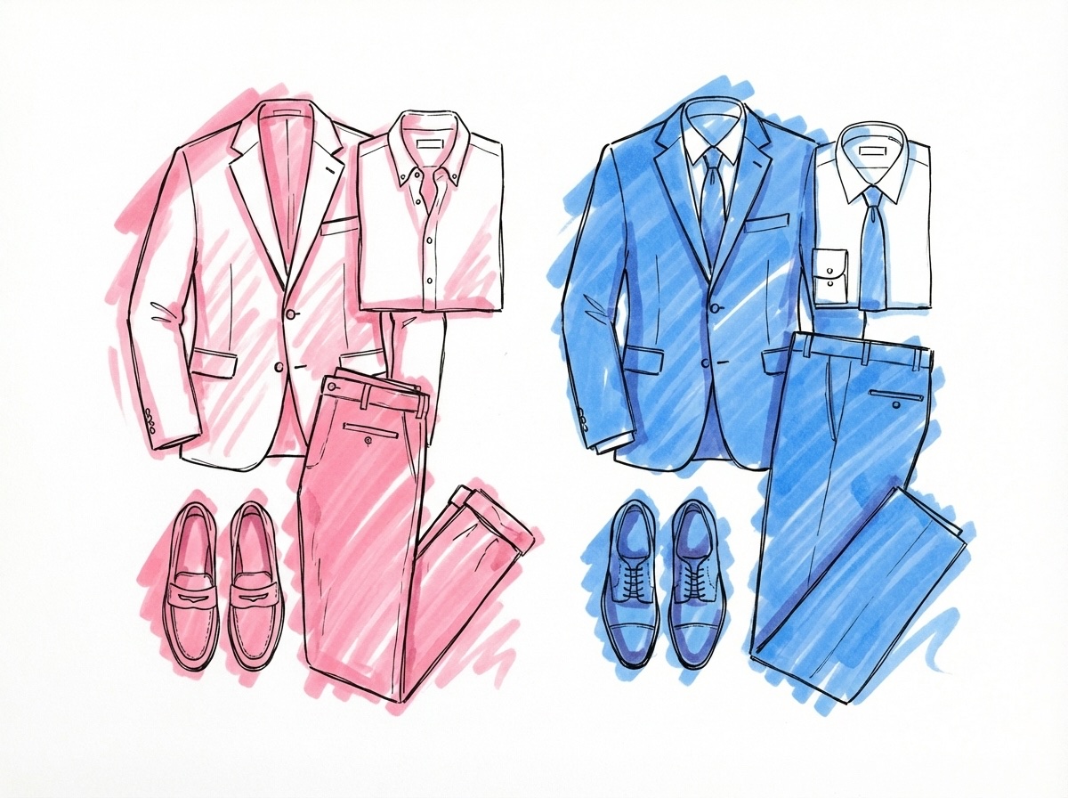 Jämförelse mellan kavaj och mörk kostym — två herroutfits sida vid sida