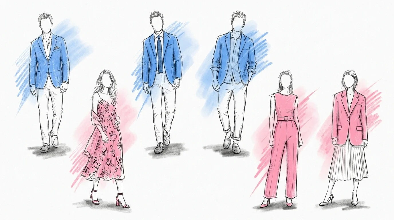 Klädkod kavaj bröllop — sex kompletta outfits för herr och dam sida vid sida: sommarkavaj, höstlook, avslappnad elegans, sommarklänning, byxdress och kjol med kavaj