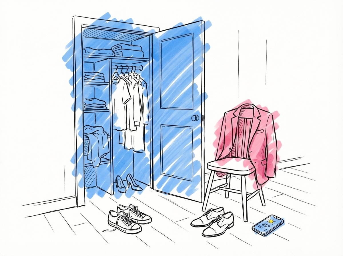 Garderobsscen — kläder halvt utdragna, skor på golvet och väderapp i telefonen