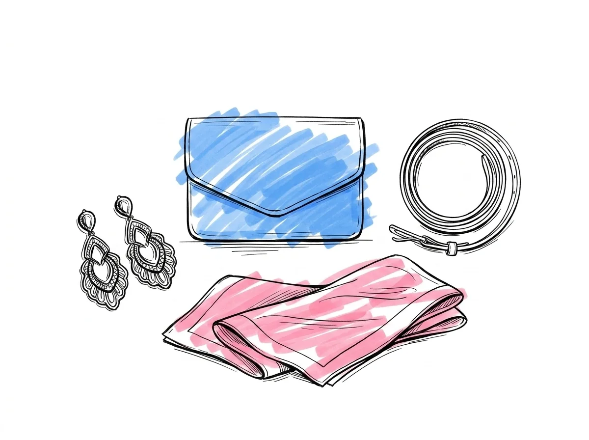 Snygg flatlay av accessoarer på en ljus yta: en liten clutch, ett par statement-örhängen, ett smalt bälte upprullat bredvid en vikt silkesjal — luftig komposition, inte trångt, Lovios illustrationsstil