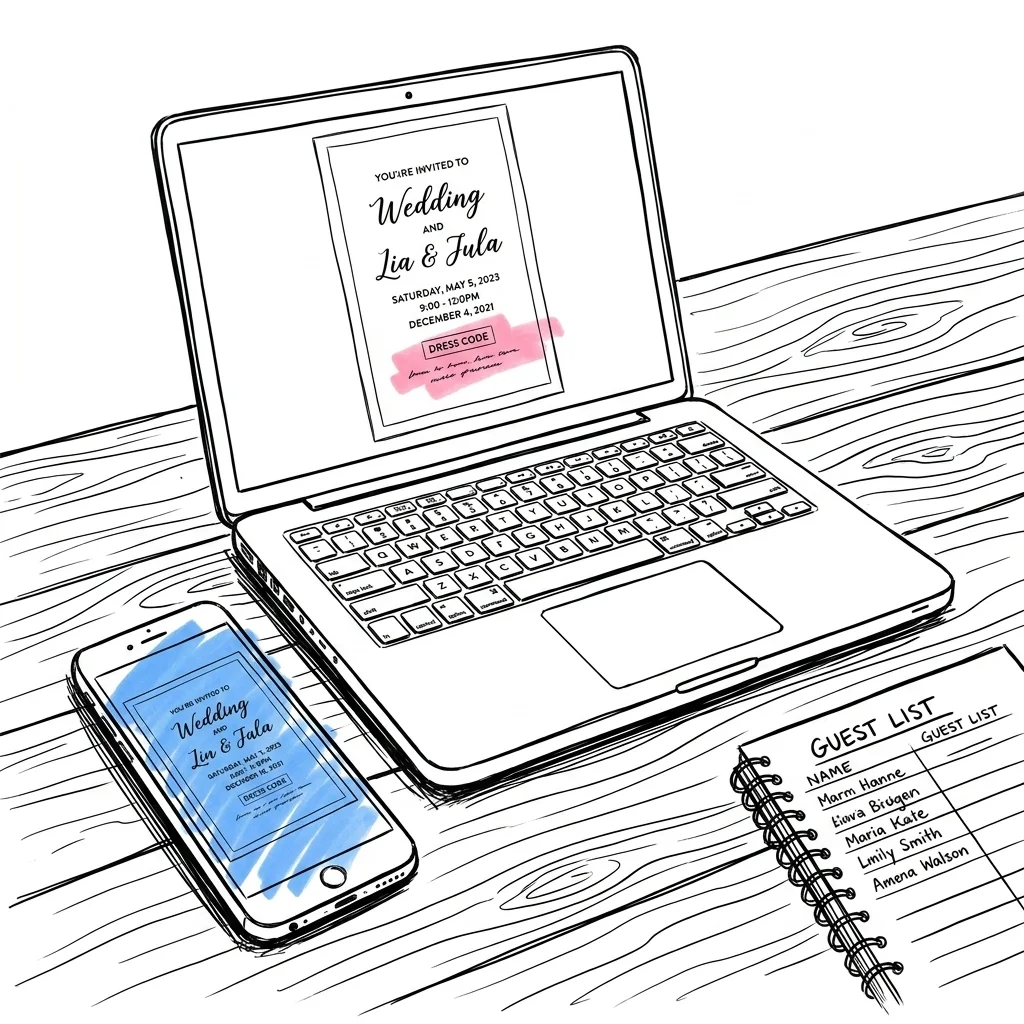 En laptop eller surfplatta som visar en digital bröllopsinbjudan med en liten klädkods-etikett synlig, en telefon bredvid som visar samma inbjudan, en gästlistsbok i hörnet — organiserat, praktiskt, vänligt, Lovios illustrationsstil