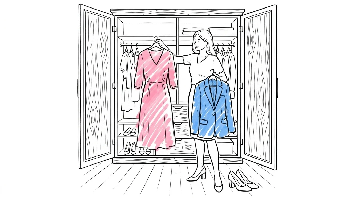 Kvinna framför öppen garderob som överväger en midiklänning på galge i ena handen och en skräddad blazer i andra, med ett par blockklacksskor på golvet bredvid — lugn, beslutsam stämning, Lovios illustrationsstil