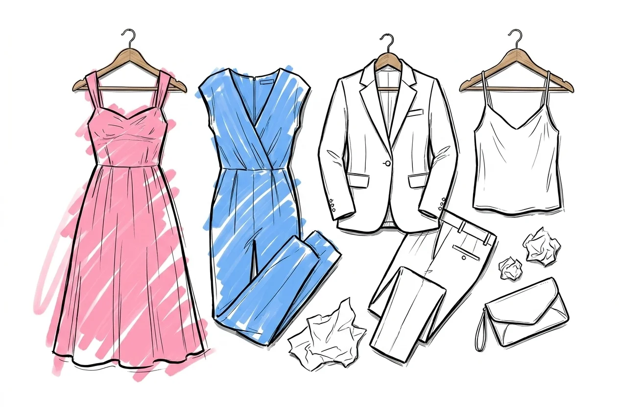 Flatlay av tre till fyra bröllopsoutfits sida vid sida på en ren yta — en midiklänning på galge, en vikt jumpsuit, en skräddad blazer med byxor, en vikt silkesblus, galgar, silkespapper och en clutch i närheten, Lovios illustrationsstil