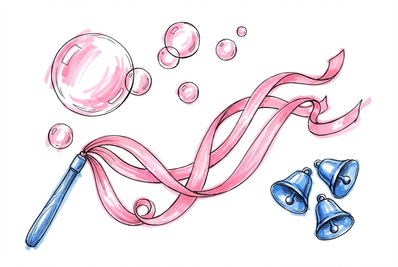 Åtta kreativa alternativ till konfetti — såpbubblor, rosenblad, lavendel och bandstavsvirvlar — i Lovios rosa och blå illustrationsstil