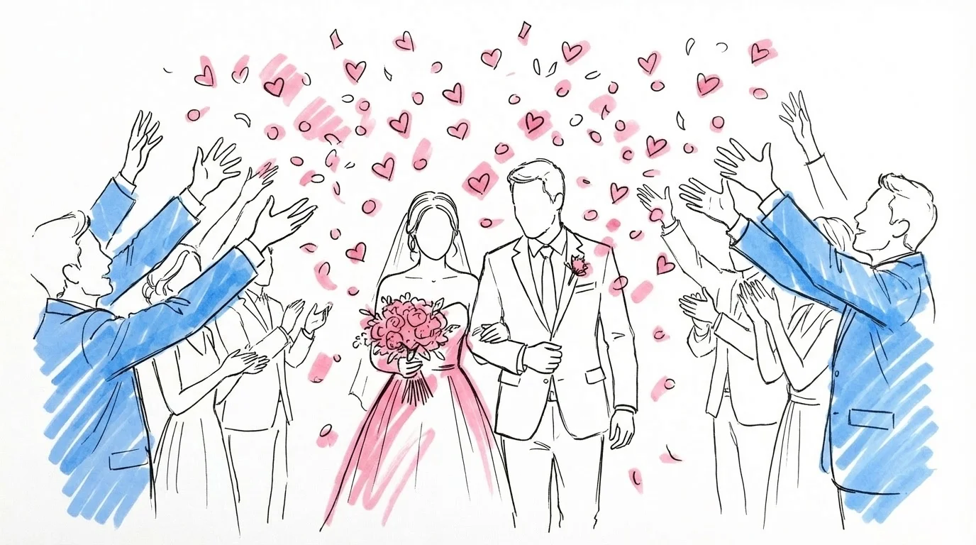 Konfetti som virvlar i luften runt ett brudpar utomhus i Lovios rosa och blå illustrationsstil
