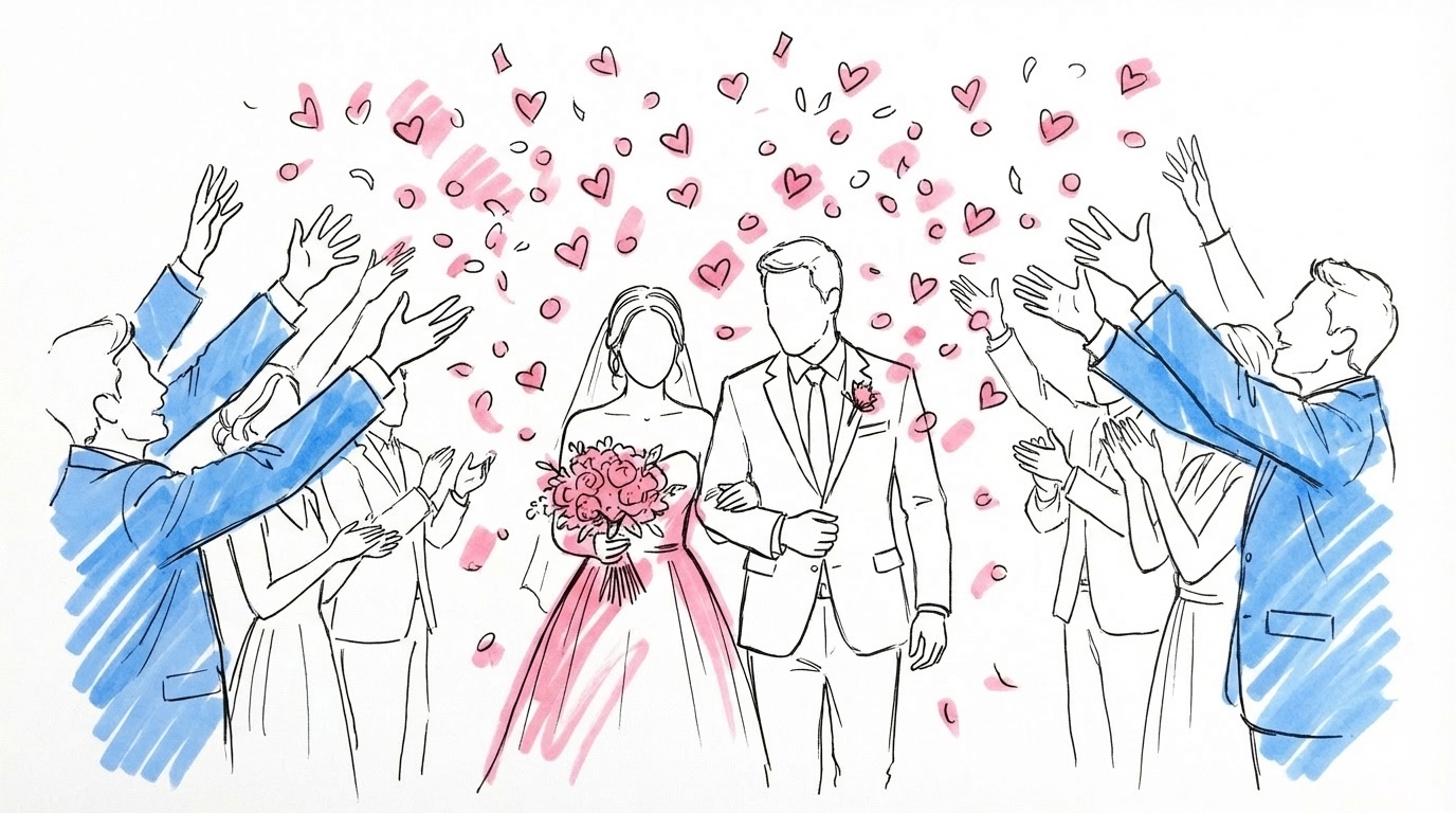 Konfetti som virvlar i luften runt ett brudpar utomhus i Lovios rosa och blå illustrationsstil