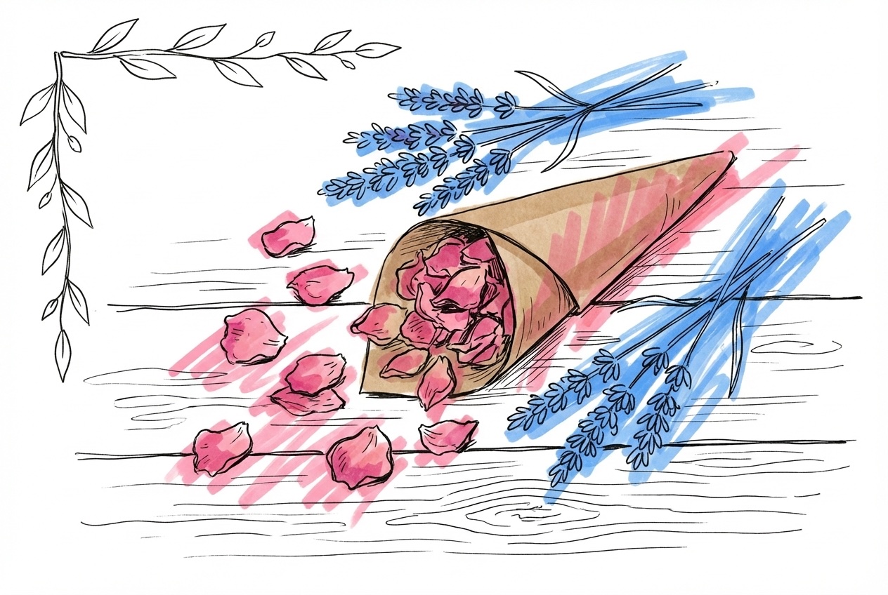 Miljövänligt konfetti av torkade blomblad och rispapper bredvid gröna växter i Lovios rosa och blå illustrationsstil