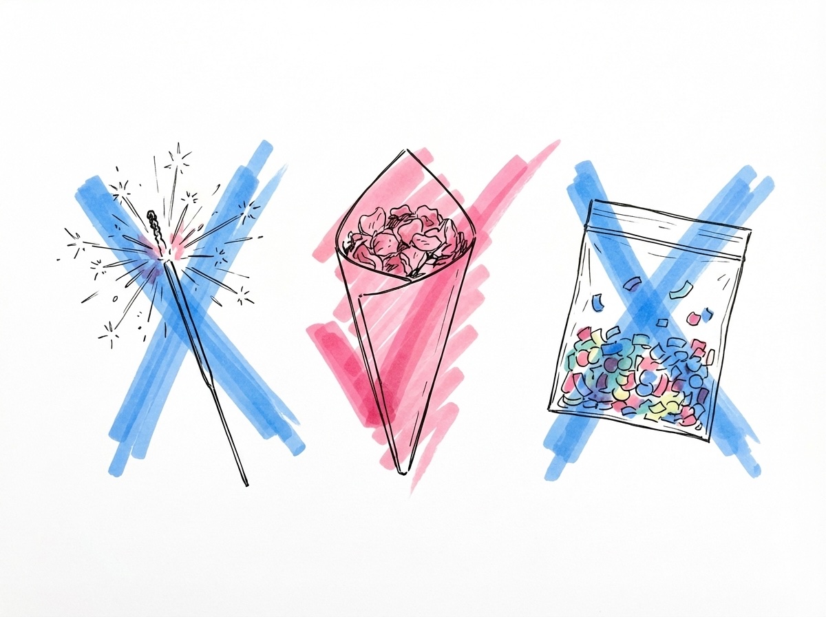 Varningssymboler för vanliga konfettimisstag — felaktigt kastad konfetti och tomtebloss inomhus — i Lovios rosa och blå illustrationsstil