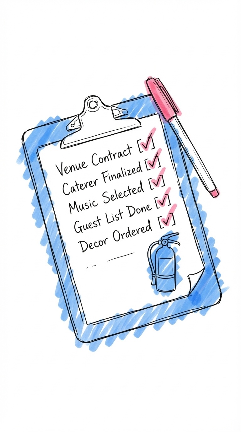 Checklista med regler och tillståndssymboler för konfetti och tomtebloss på bröllop i Lovios rosa och blå illustrationsstil