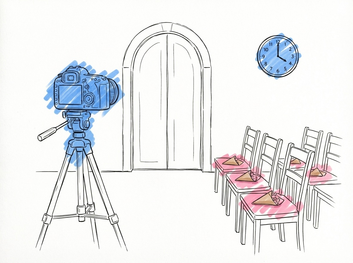 Tidslinje med bröllopsdagens moment och konfettimomentet markerat med en stjärna i Lovios rosa och blå illustrationsstil