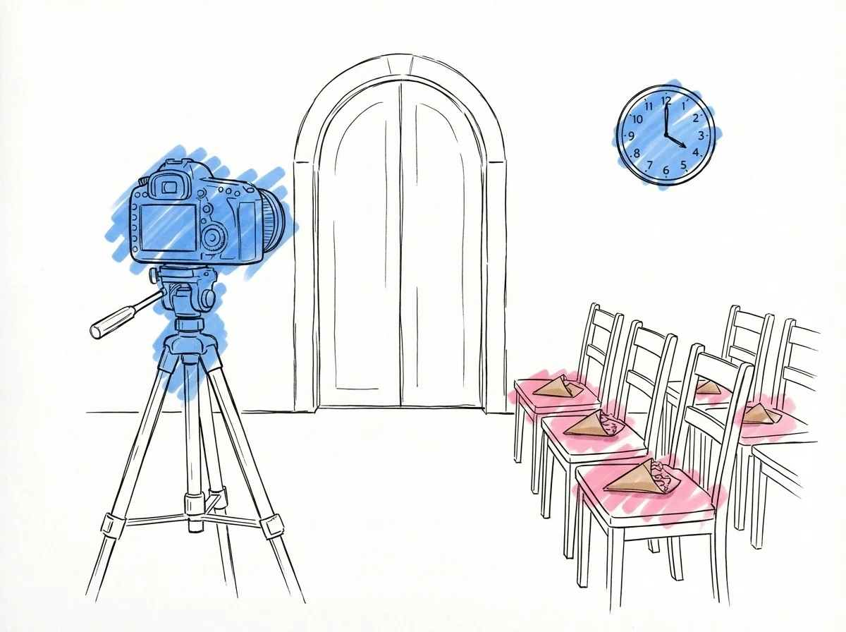 Tidslinje med bröllopsdagens moment och konfettimomentet markerat med en stjärna i Lovios rosa och blå illustrationsstil